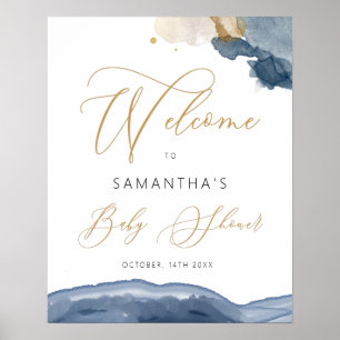 Póster Signo de bienvenida Baby Shower de Blue Navy Gold 
