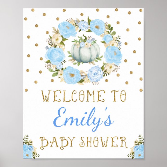 Póster Signo de bienvenida Baby Shower de calabaza azul (Frente)