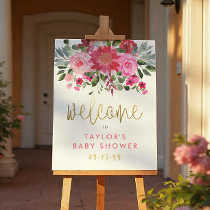 Póster Signo de bienvenida Baby Shower de flores rojas y