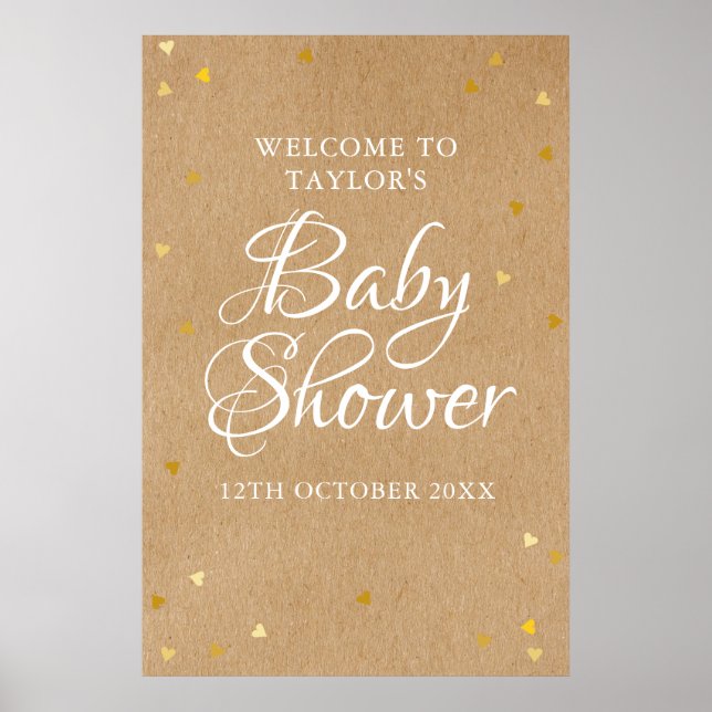 Póster Signo de bienvenida Baby Shower de Gold Love Heart (Frente)