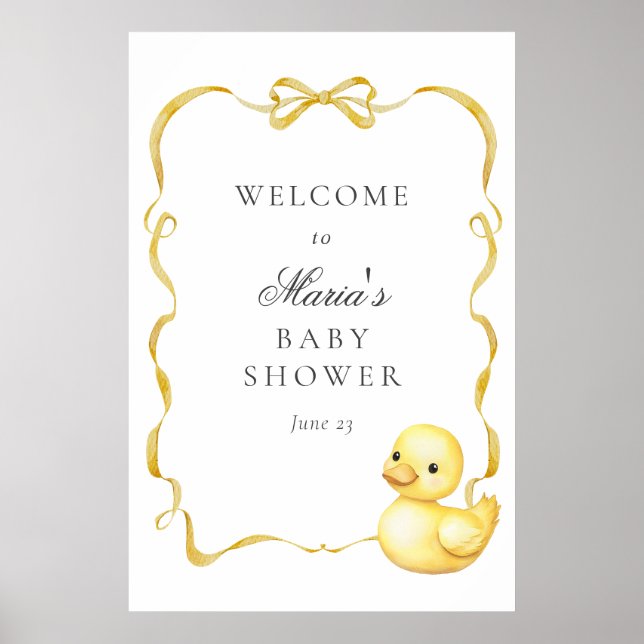 Póster Signo de bienvenida Baby Shower de pato amarillo y (Frente)