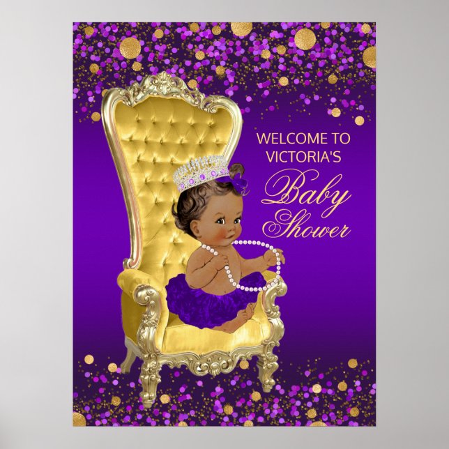 Póster Signo de bienvenida Baby Shower de Purple Gold Pri (Frente)