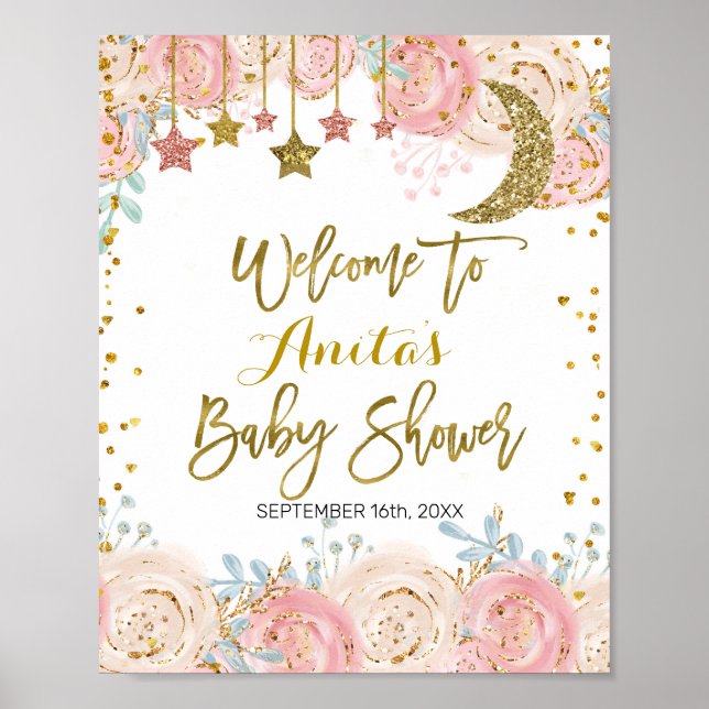 Póster Signo de bienvenida Baby Shower de trineo dorado (Frente)