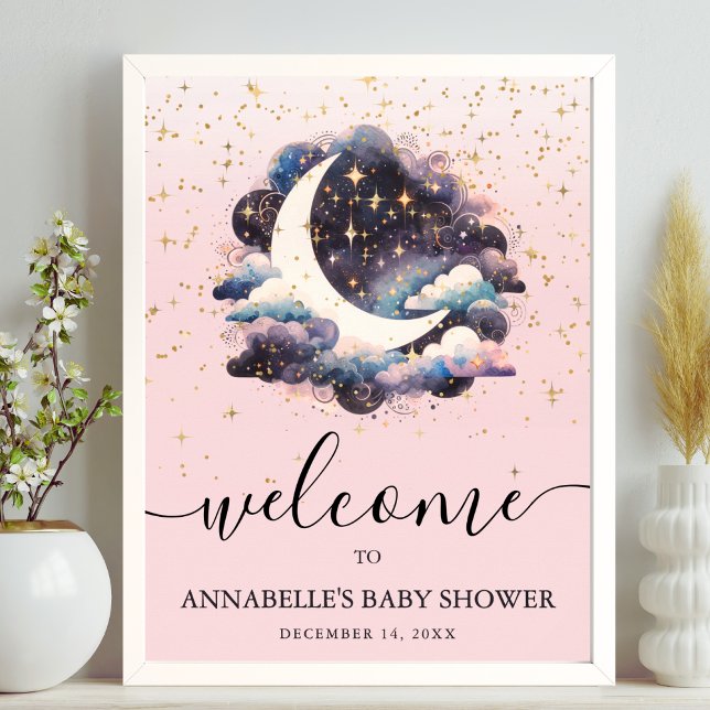 Póster Signo de bienvenida Baby Shower del Chica rosa de  (Over The Moon Pink Girl Baby Shower Welcome Sign)