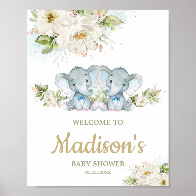 Póster Signo de bienvenida Baby Shower para elefantes gem (Frente)