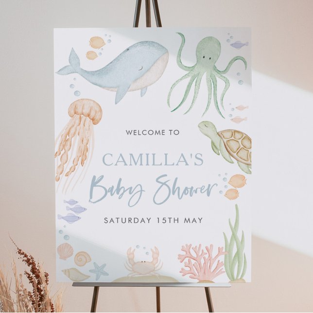 Póster Signo de bienvenida bajo el mar Baby Shower de 18x (Under The Sea Baby Shower Welcome Sign)