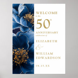 Póster Signo de bienvenida Blue Elegant Floral 50º aniver