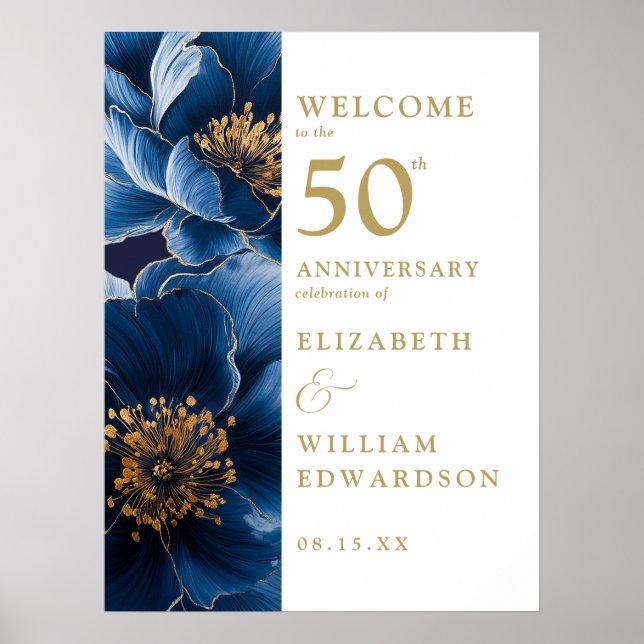 Póster Signo de bienvenida Blue Elegant Floral 50º aniver (Frente)
