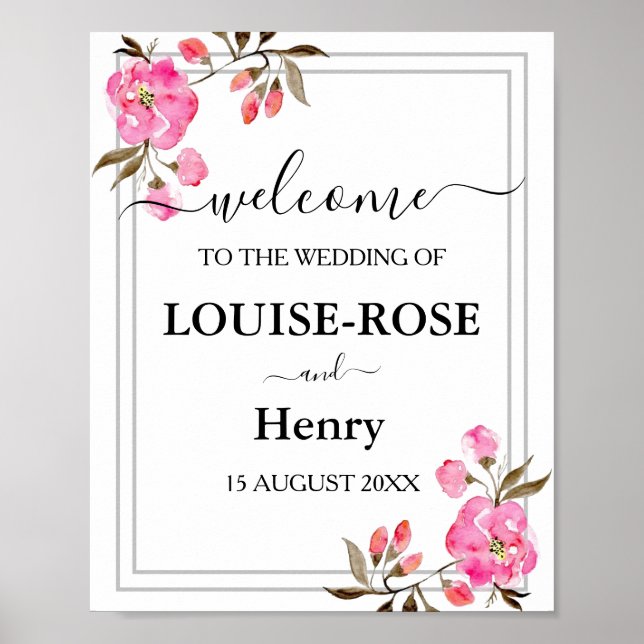 Póster Signo de bienvenida boda - Borde gris rosa rosa ro (Frente)