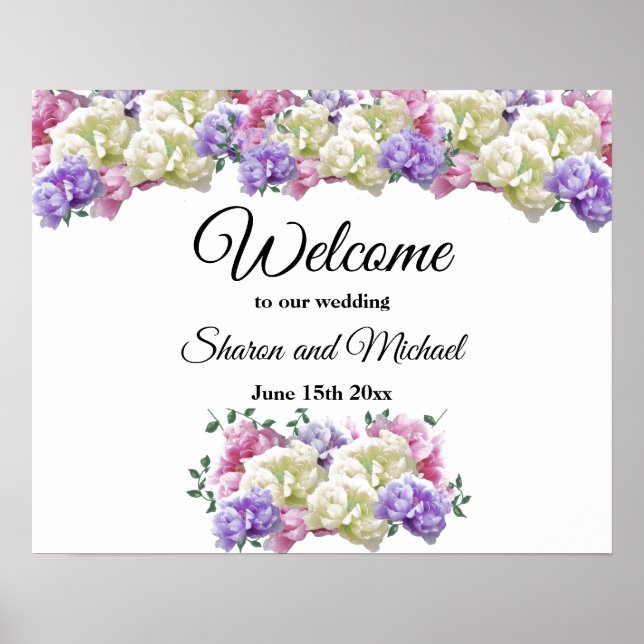 Póster Signo de bienvenida boda Bouquet de flores mixtas (Frente)