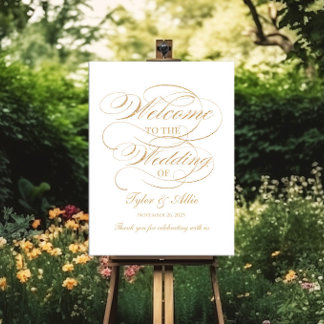 Póster signo de bienvenida boda caligrafía de oro elegant