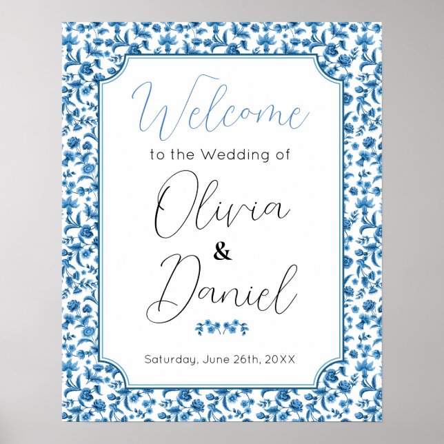 Póster Signo de bienvenida Boda Chintz Blue Floral Ditsy (Frente)