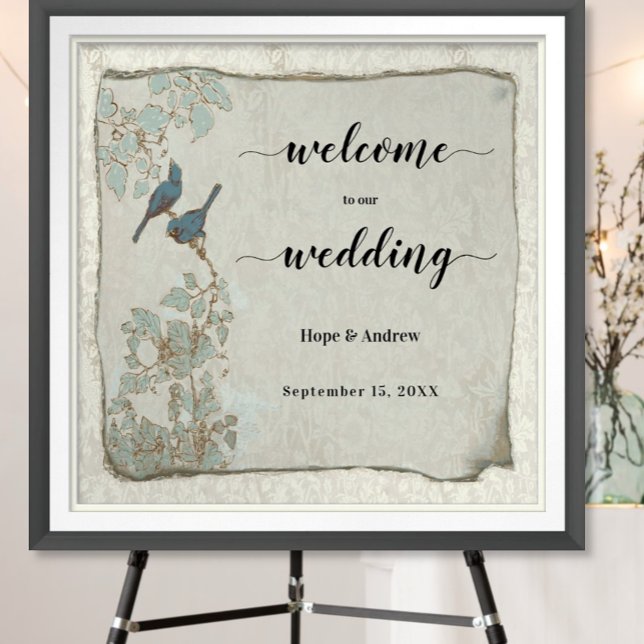 Póster Signo de bienvenida Boda de Aves de Amor verde azu (To see frame and mat pricing,  please choose your options.)
