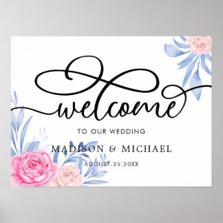 Póster Signo de bienvenida Boda de hojas azules rosadas R