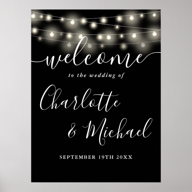 Póster Signo de bienvenida Boda de las luces de cadena en (Frente)