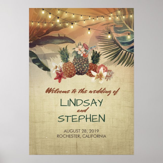 Póster Signo de bienvenida Boda de Pineapple Beach Palms (Frente)