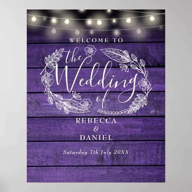 Póster Signo de bienvenida Boda de Purple Rustic String L (Frente)