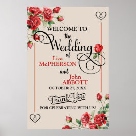 Póster Signo de bienvenida Boda de rosas rojas florales d