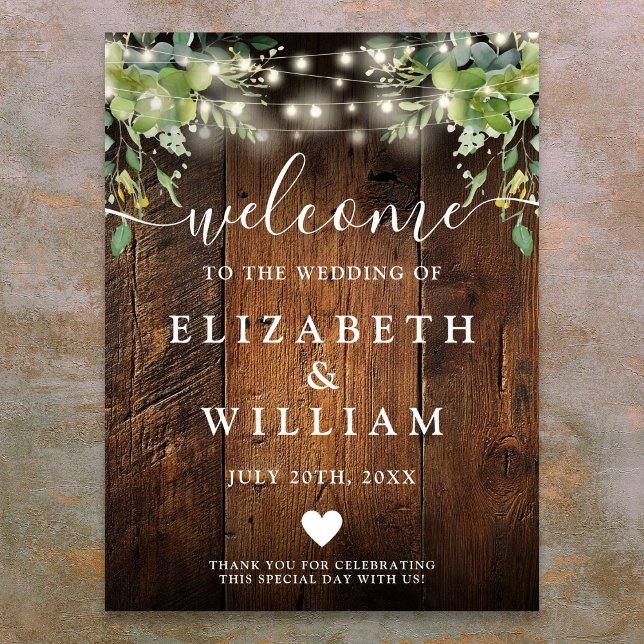Póster Signo de bienvenida Boda de Rustic Wood String Lig (Rustic Wood String Lights Wedding Welcome Sign)
