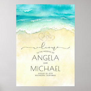 Póster Signo de bienvenida Boda de Tropical Beach Hearts