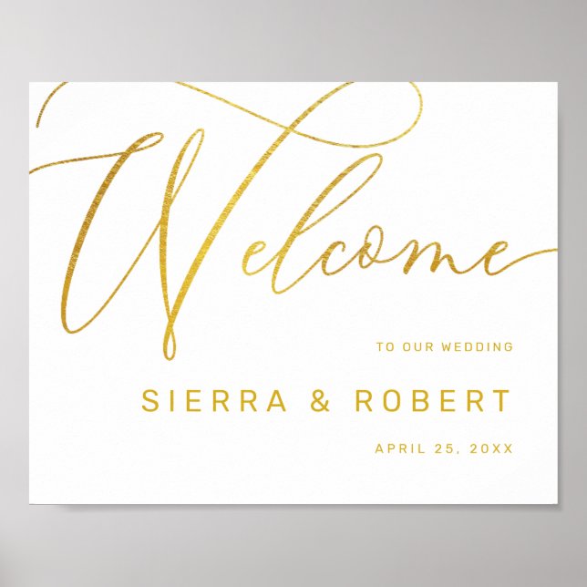 Póster Signo de bienvenida boda Faux Gold Script moderno (Frente)