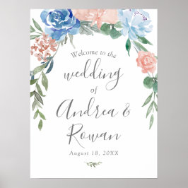 Póster Signo de bienvenida boda Floral azul y rosado turb
