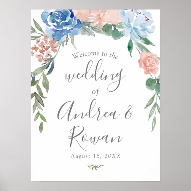 Póster Signo de bienvenida boda Floral azul y rosado turb (Frente)