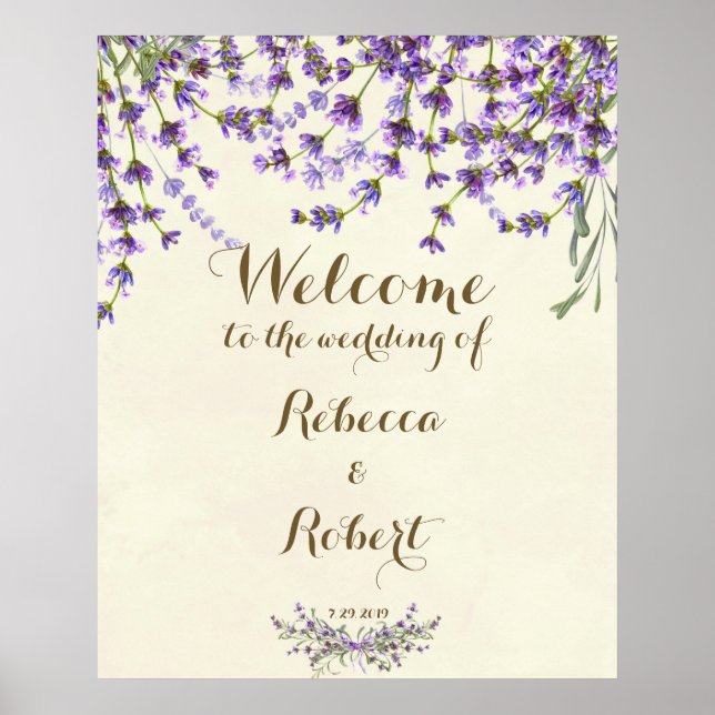 Póster signo de bienvenida boda marfil Lavender morado fl (Frente)