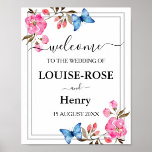 Póster Signo de bienvenida boda - Mariposas grises rosada