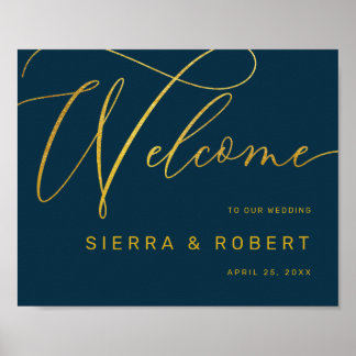 Póster Signo de bienvenida Boda moderno con guión de oro 