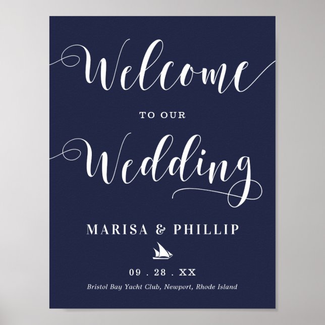 Póster Signo de bienvenida boda Nautical Naval Blue (Frente)