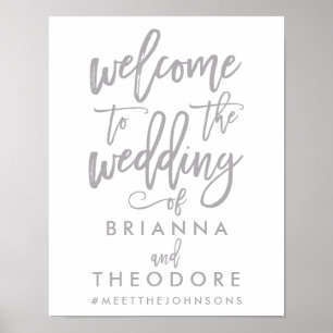 Póster Signo de bienvenida Boda plateado con mano de moda