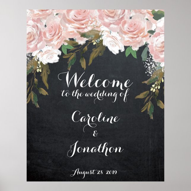 Póster signo de bienvenida boda poster elegante floral ro (Frente)