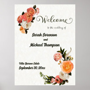 Póster Signo de bienvenida boda Poster floral personaliza