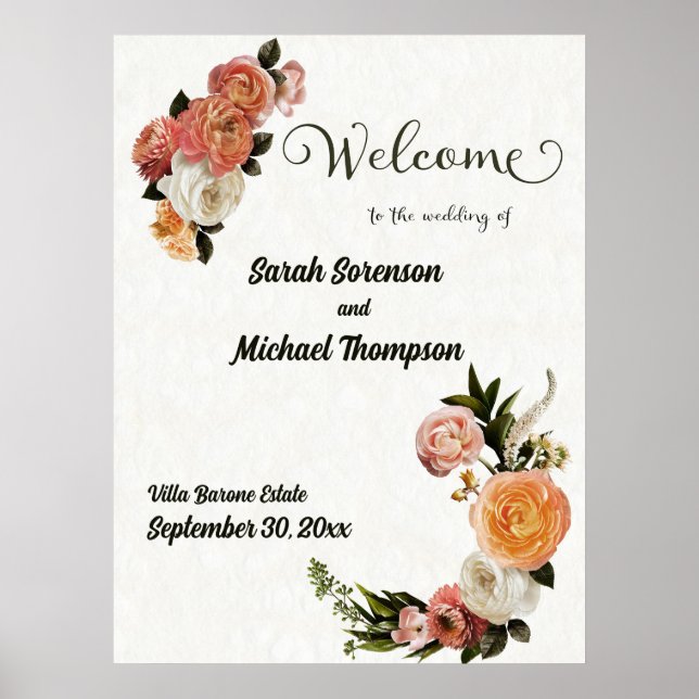 Póster Signo de bienvenida boda Poster floral personaliza (Frente)