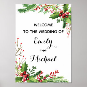 Póster signo de bienvenida boda rojo botánico