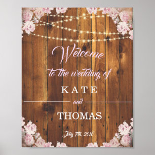 Póster Signo de bienvenida Boda Rústico Floral Light Stri
