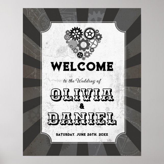 Póster Signo de bienvenida Boda Steampunk Boda Hearts Cog (Frente)