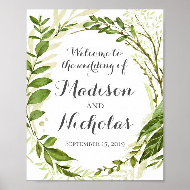 Póster Signo de bienvenida Boda verde Poster, vegetación  (Frente)