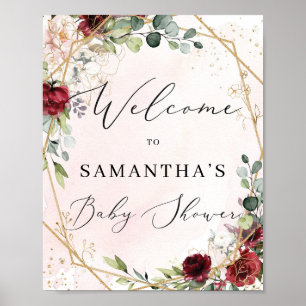 Póster Signo de bienvenida bohemia borgoña de Baby Shower