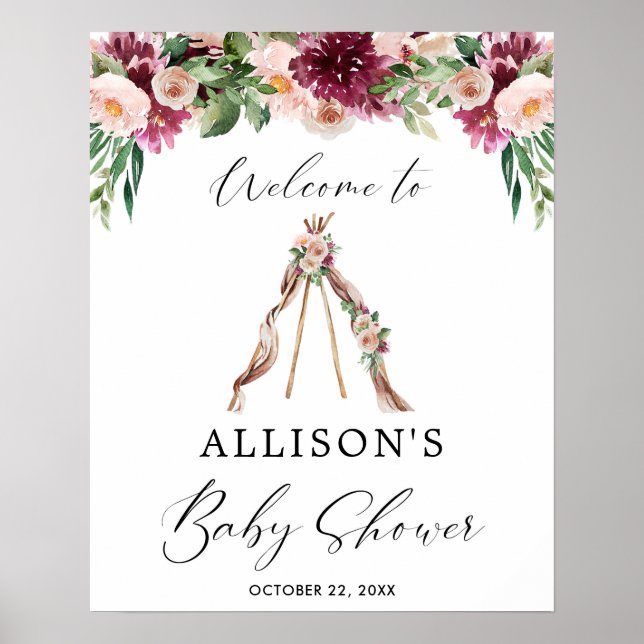 Póster Signo de bienvenida Boho teepee rústico florido de (Frente)