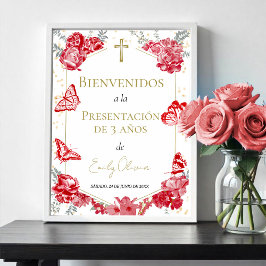 Póster Signo de bienvenida de 3 años Butterflys Rojo