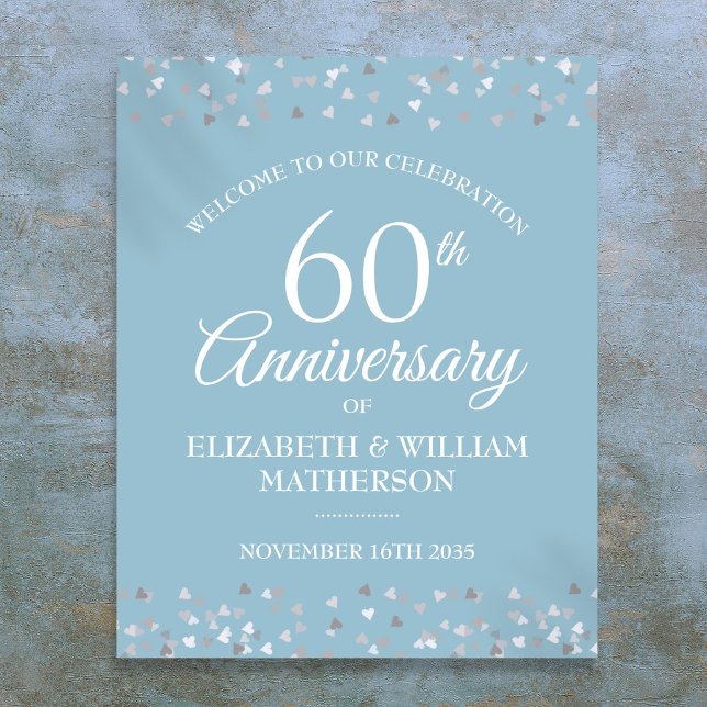 Póster Signo de bienvenida de 60 Aniversario de los coraz (60th Anniversary Love Hearts Confetti Welcome Sign)