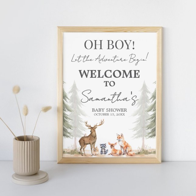 Póster Signo de bienvenida de Adventure Begin Baby Shower (Let the Adventure Begin Woodland Baby Shower Welcome Sign)
