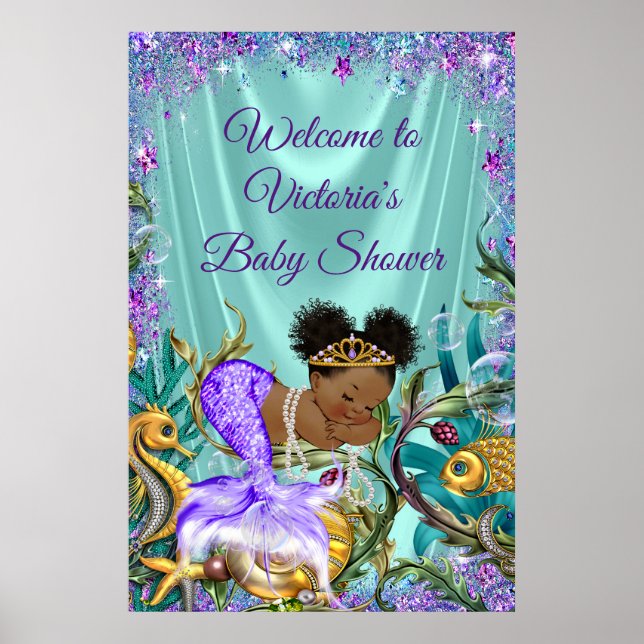 Póster Signo de bienvenida de afro sirena en Baby Shower (Frente)