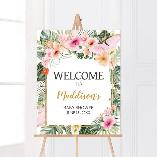 Póster Signo de bienvenida de Aloha Floral Tropical (Girl Hawaiian Baby Shower Welcome Sign)
