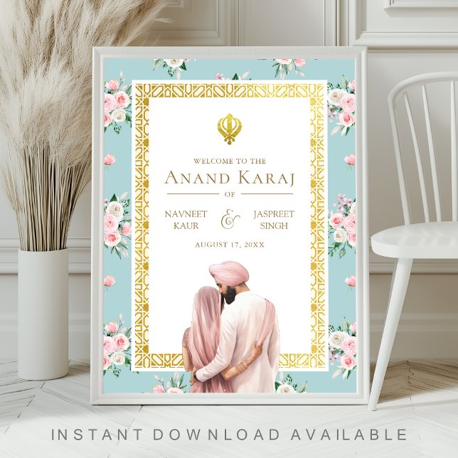Póster Signo de bienvenida de Anand Karaj, floral azul ro (Subido por el creador)