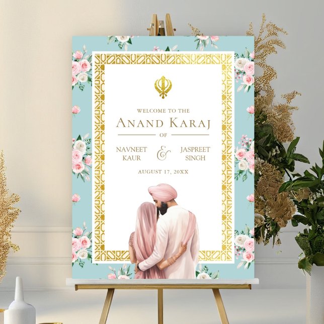 Póster Signo de bienvenida de Anand Karaj, floral azul ro (Subido por el creador)