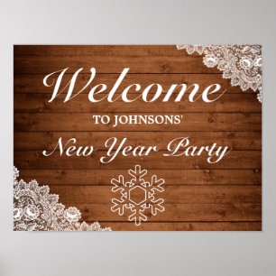 Póster Signo de bienvenida de Año Nuevo Rust Wood & Lace