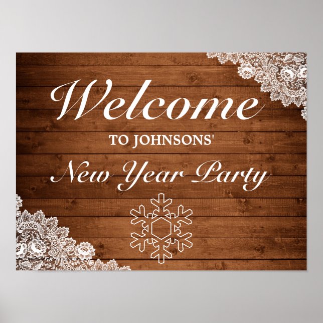 Póster Signo de bienvenida de Año Nuevo Rust Wood & Lace  (Frente)